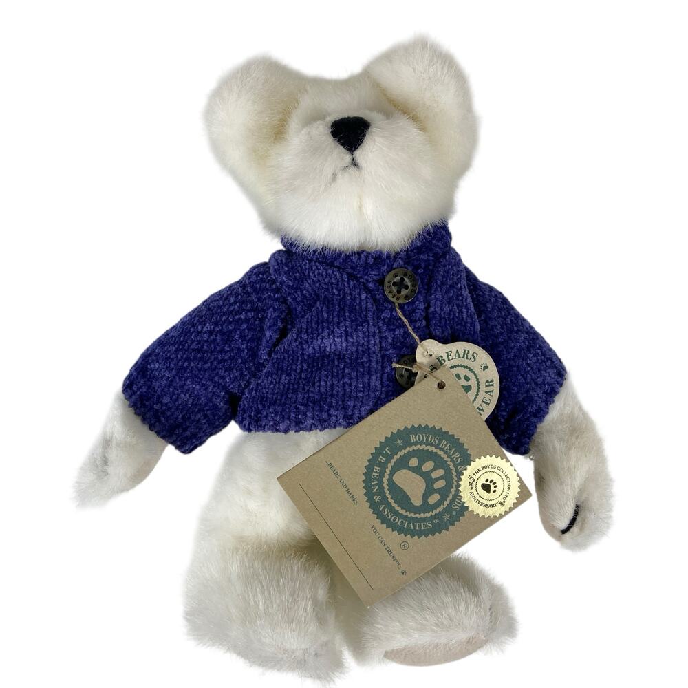 Boyds Collection 1999 20th Anniversary White Bear Plush Toy Blue Sweater 8" - Picture 3 of 12